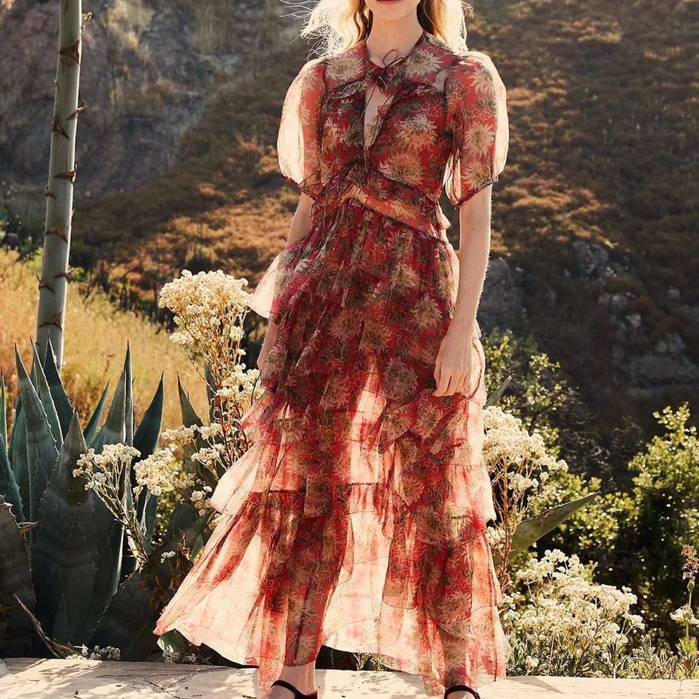 Doen Sheer Floral Maxi Dress in Rust and Green - Picture 2 of 4